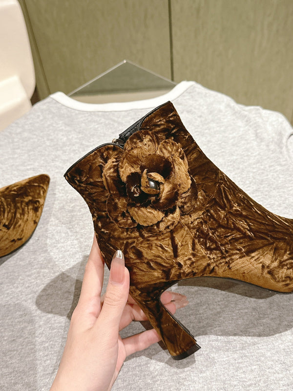 CC Ankle Boots 85mm Brown Yellow Rough Velvet Fabric