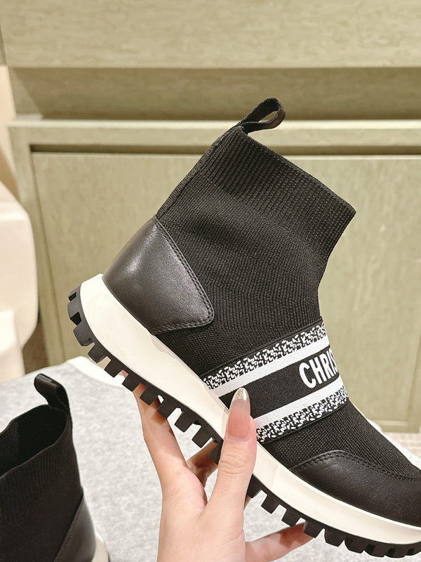 Sneaker alta CD 40mm in lana elasticizzata nera e pelle di agnello