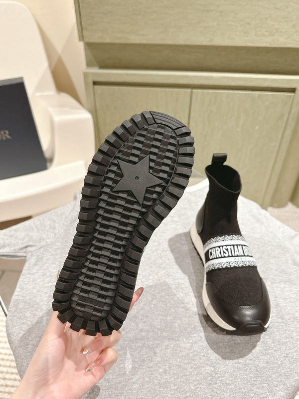 Sneaker alta CD 40mm in lana elasticizzata nera e pelle di agnello