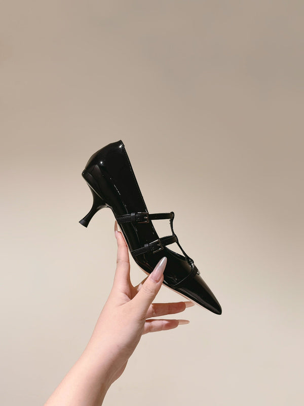 HIGH PUMP 45MM IN BLACK CALFSKIN WITH BLACK STRAPS