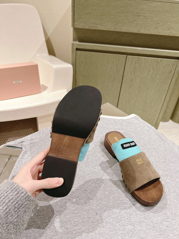 Miu Clogs 30mm Khaki Blue Suede Wood 445656