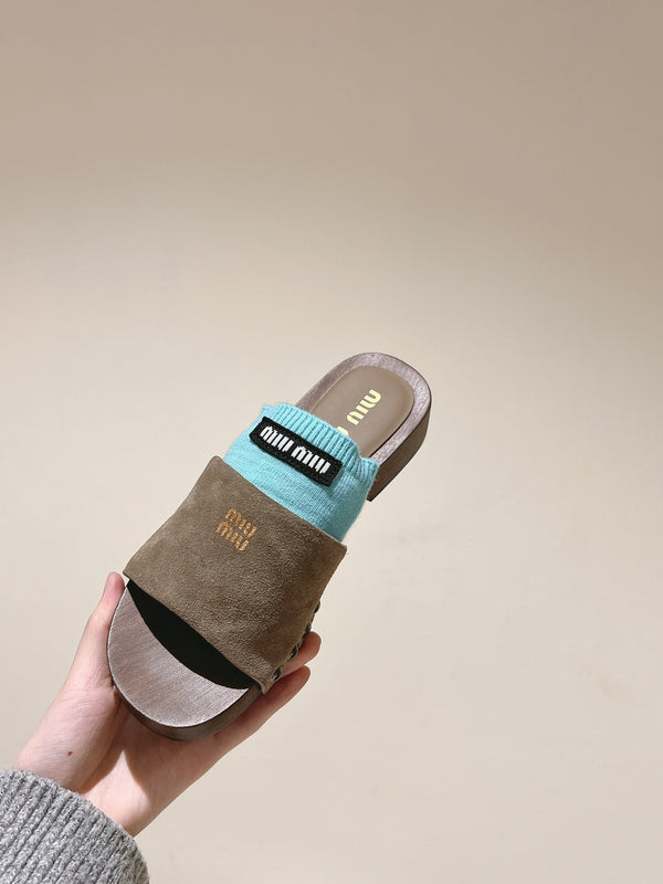 Miu Clogs 30mm Khaki Blue Suede Wood 445656