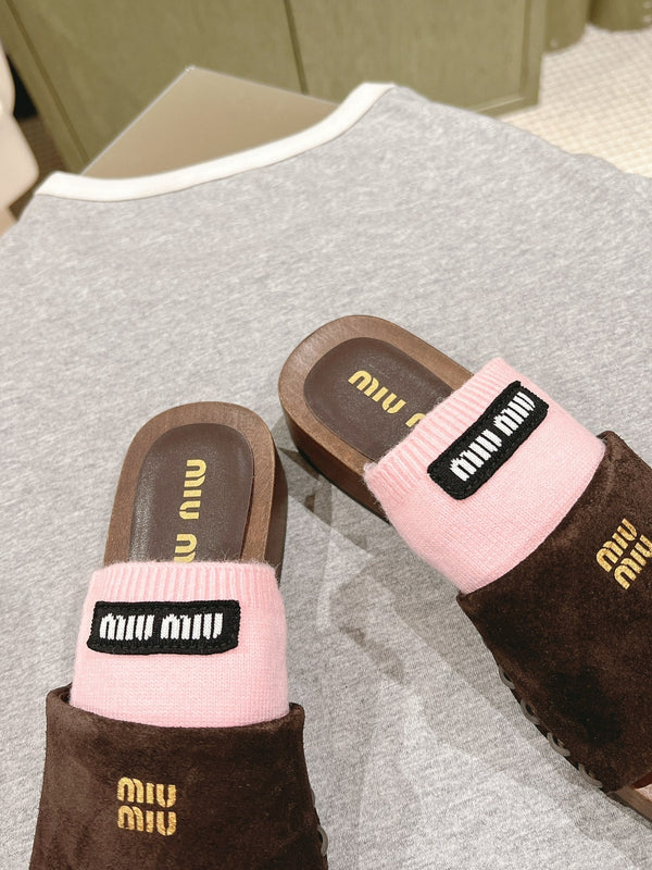 Miu Clogs 30mm Brown Pink Suede Wood 445657