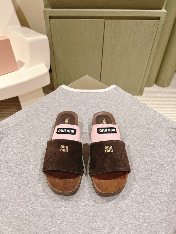 Miu Clogs 30mm Brown Pink Suede Wood 445657