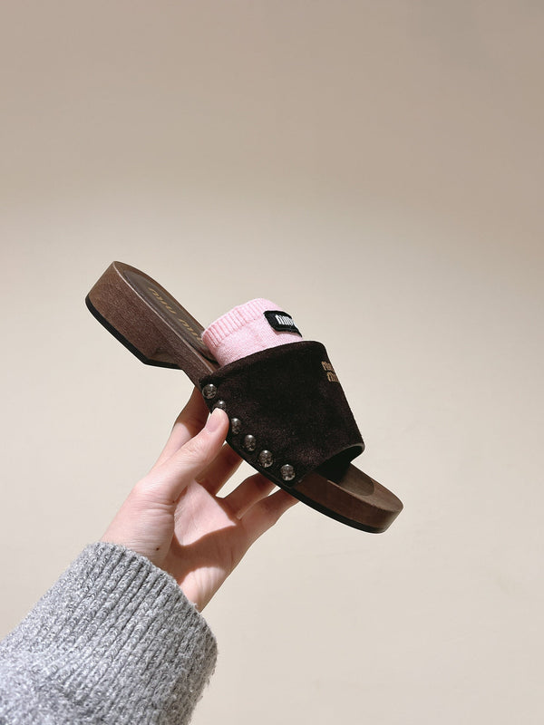 Miu Clogs 30mm Brown Pink Suede Wood 445657