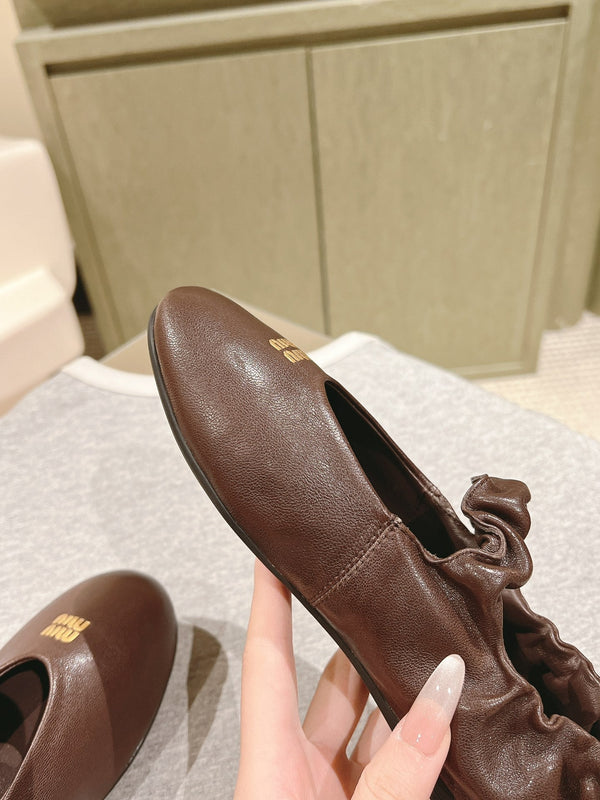 Miu Ruches Ballet Flat Brown Lambskin 445667