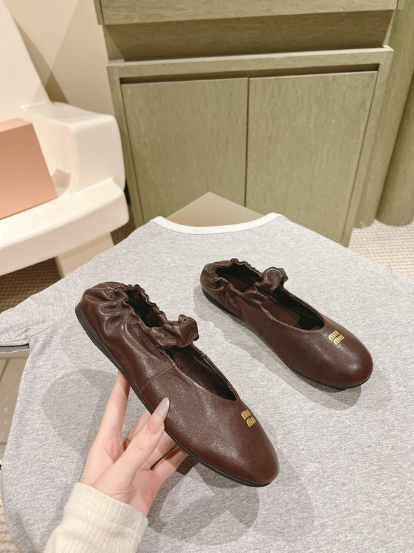 Miu Ruches Ballet Flat Brown Lambskin 445667