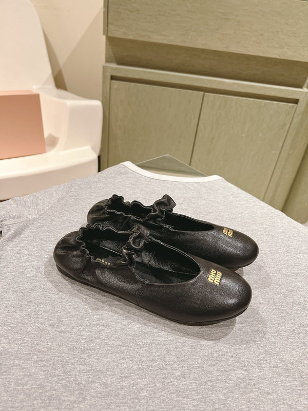 Miu Ruches Ballet Flat Black Lambskin 445668