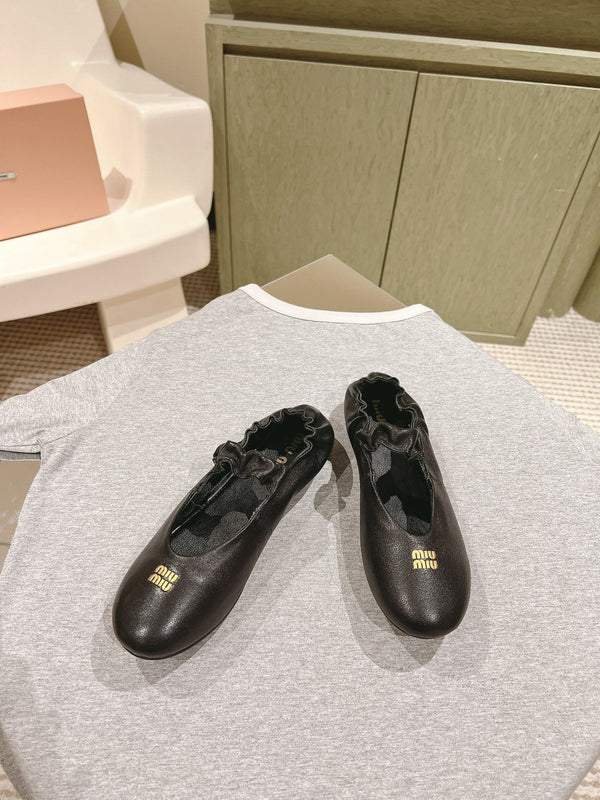 Miu Ruches Ballet Flat Black Lambskin 445668