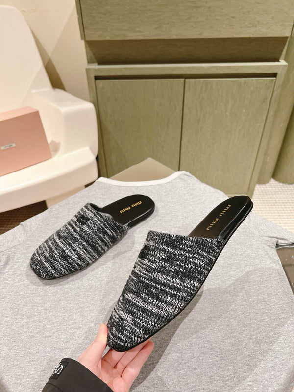 Miu Slide Black mix White Wool Cowhide 445672