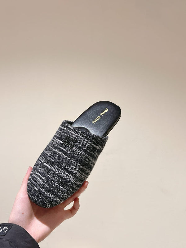 Miu Slide Black mix White Wool Cowhide 445672