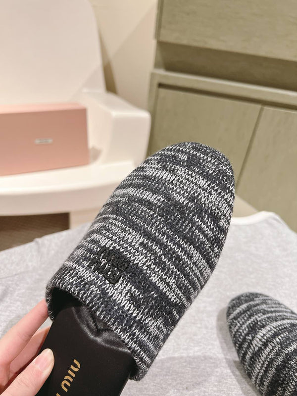 Miu Slide Black mix White Wool Cowhide 445672