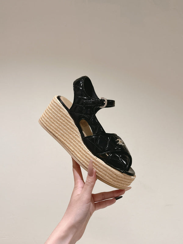 Sandali espadrillas CC 25ss 85mm in pelle di pecora trapuntata nera 462242