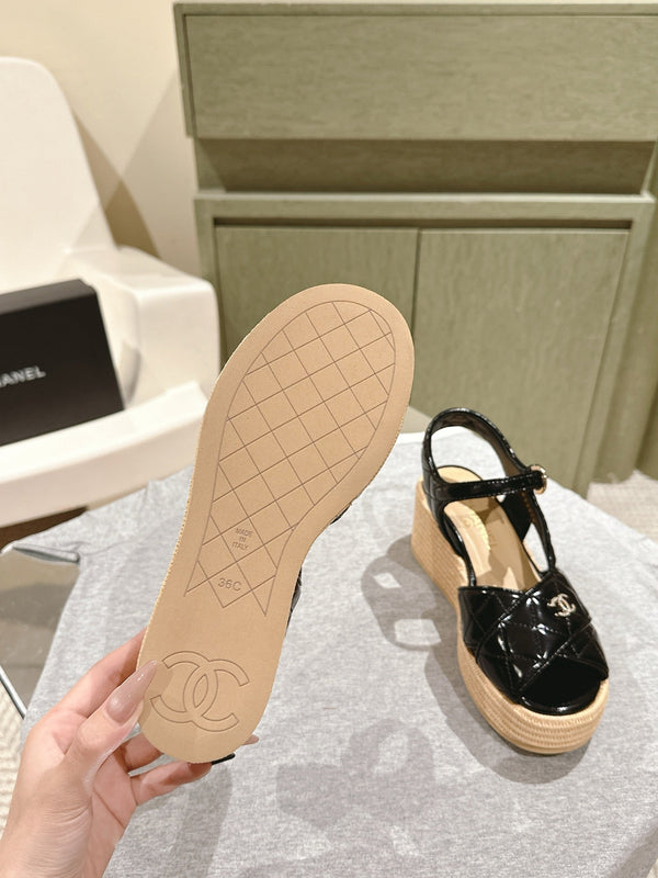 Sandali espadrillas CC 25ss 85mm in pelle di pecora trapuntata nera 462242