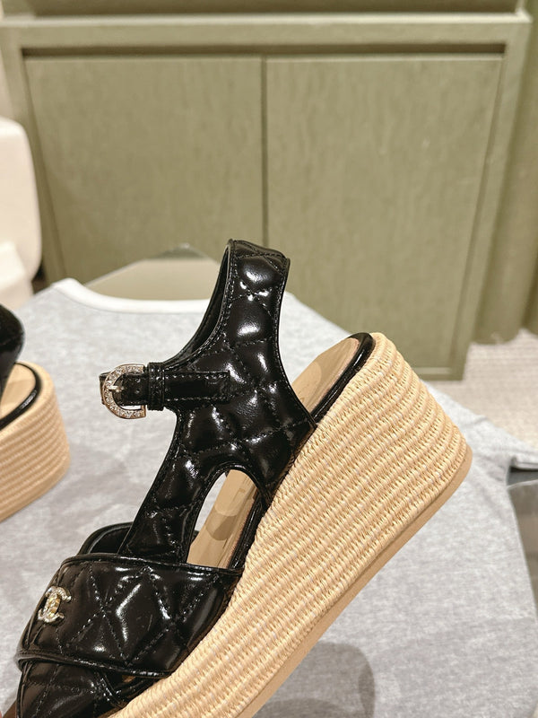 Sandali espadrillas CC 25ss 85mm in pelle di pecora trapuntata nera 462242