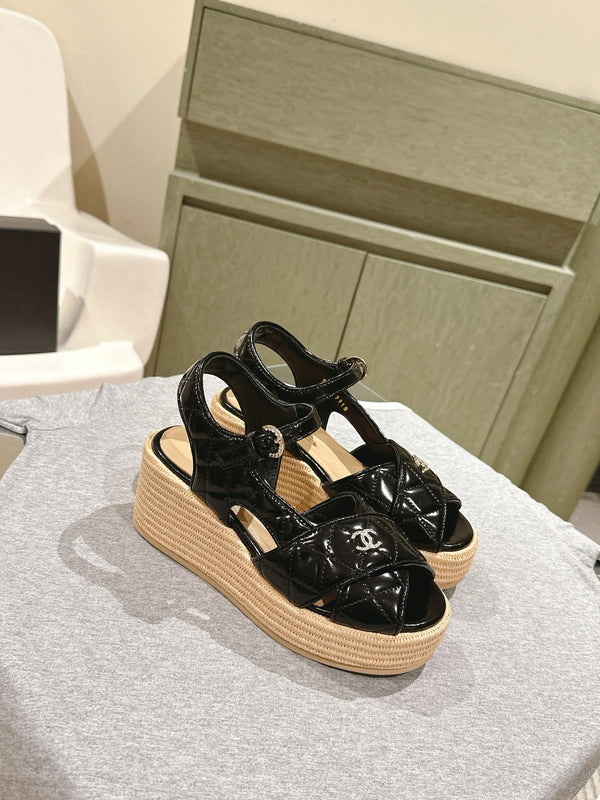 Sandali espadrillas CC 25ss 85mm in pelle di pecora trapuntata nera 462242