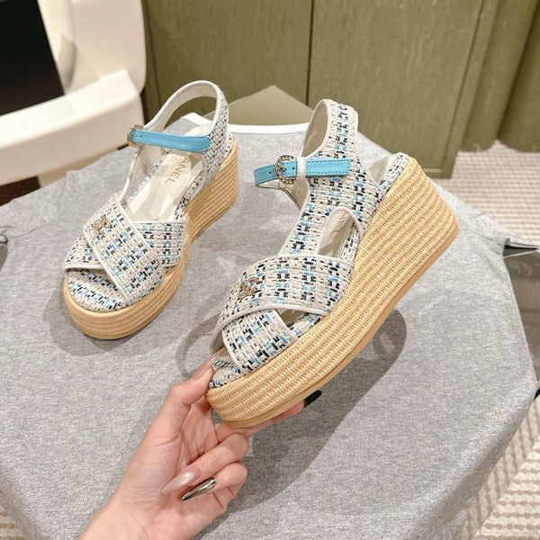 CC 25ss Espadrille Sandals 85mm Light Blue Colorful Tweed Cowhide 462244