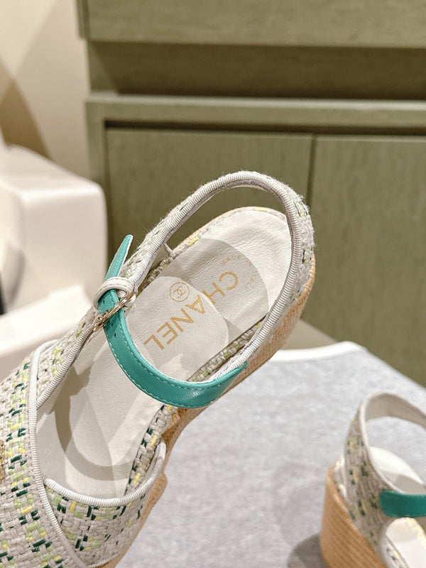 CC 25ss Espadrille Sandals 85mm Greenish-Blue Colorful Tweed Cowhide 462245