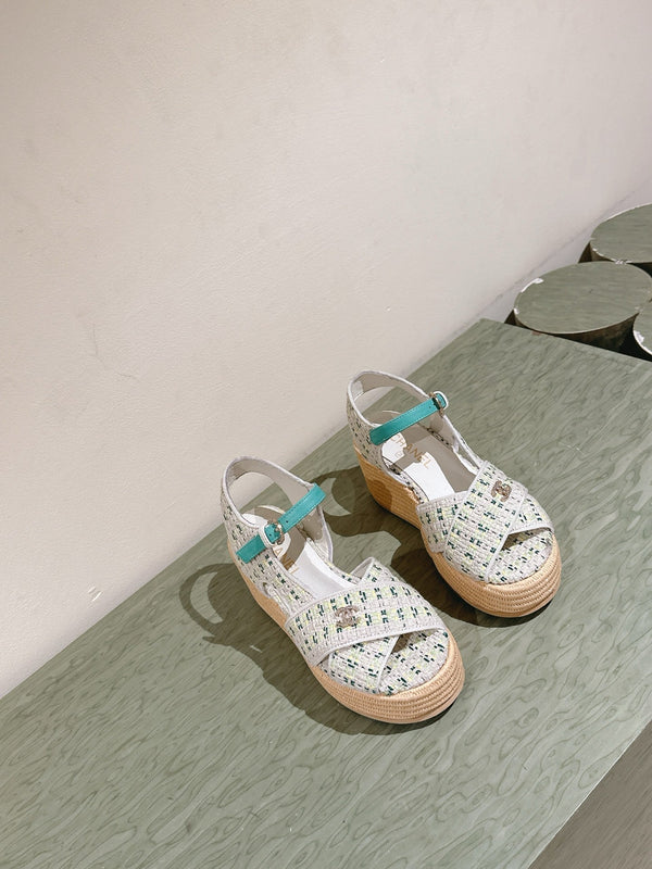 CC 25ss Espadrille Sandals 85mm Greenish-Blue Colorful Tweed Cowhide 462245