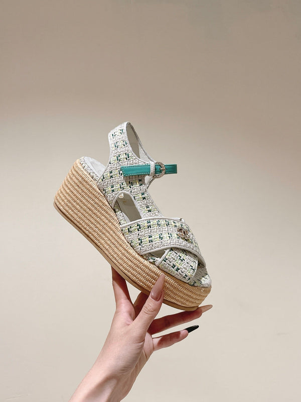 CC 25ss Espadrille Sandals 85mm Greenish-Blue Colorful Tweed Cowhide 462245