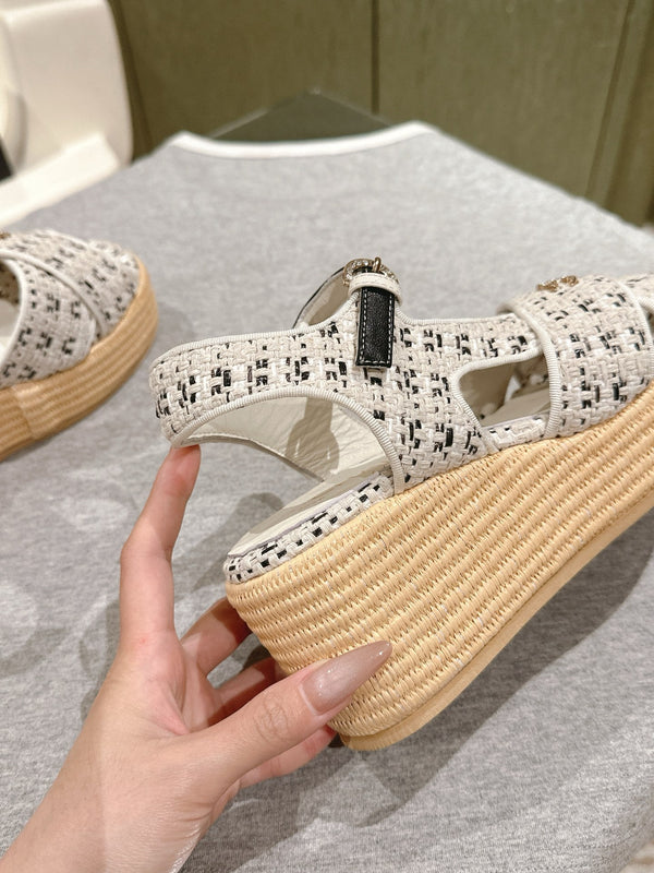 CC 25ss Espadrille Sandals 85mm Black Colorful Tweed Cowhide 462246