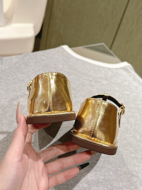 The Row Square T-Strap Flat Gold Metallic Leather 451286