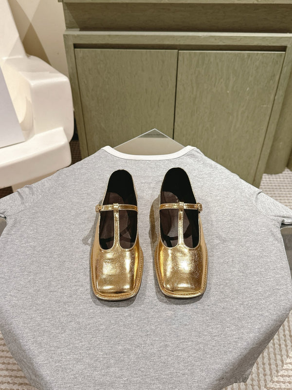 The Row Square T-Strap Flat Gold Metallic Leather 451286