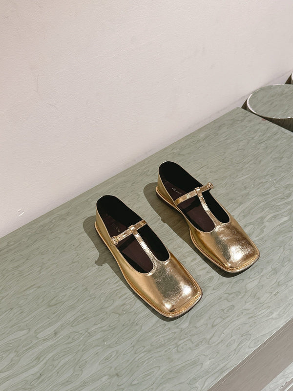 The Row Square T-Strap Flat Gold Metallic Leather 451286