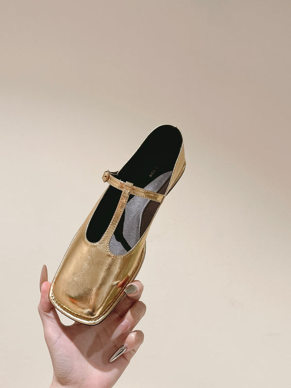 The Row Square T-Strap Flat Gold Metallic Leather 451286