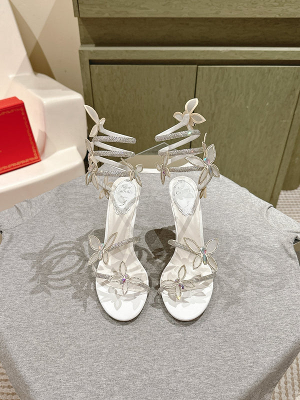RC 25 Butterfly High-Heeled Sandals White Silk Rhinestones