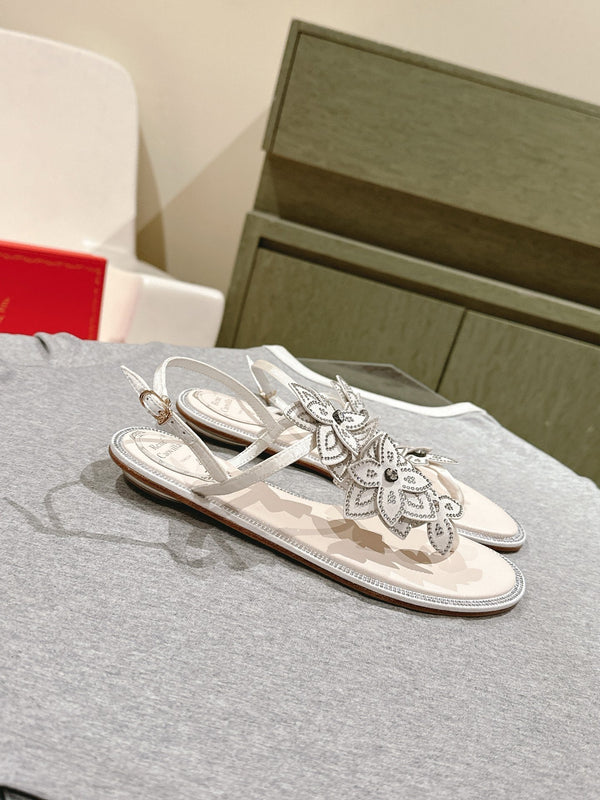 RC 25 Flat Sole Flower Thong White Silk Rhinestones 268063