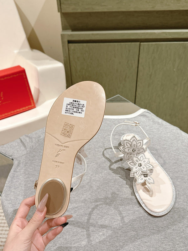 RC 25 Flat Sole Flower Thong White Silk Rhinestones 268063