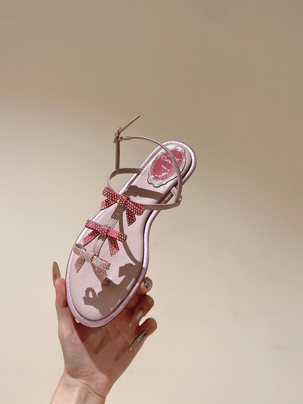 RC 25 Thong Bow Attached Flat Sole Pink Silk Rhinestones 268065