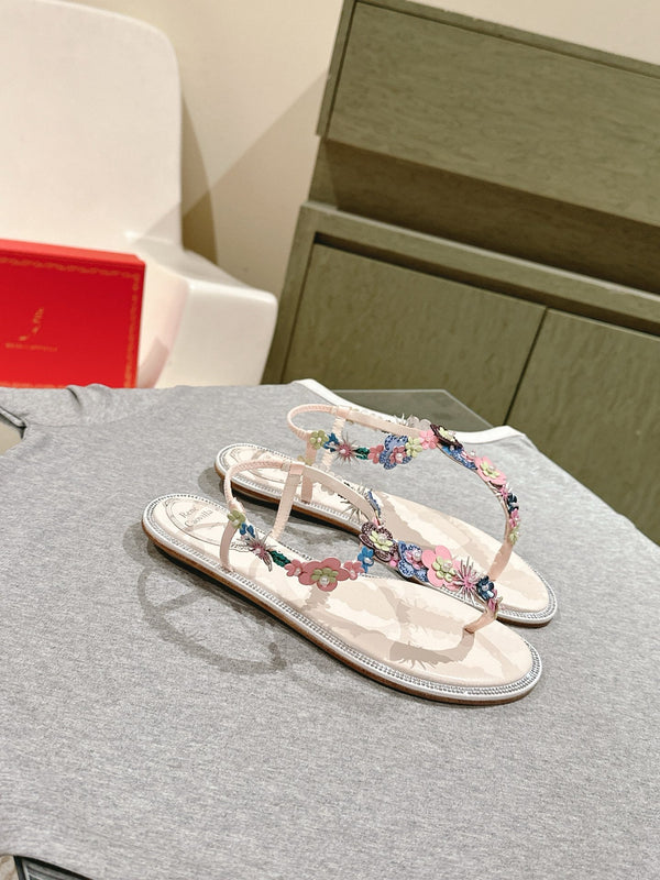 RC 25 Thong Multicolor Flower Flat Sole Light Pink Silk Rhinestones 268067