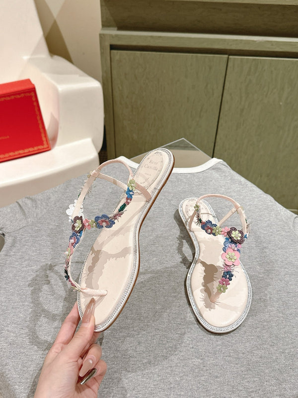 RC 25 Thong Multicolor Flower Flat Sole Light Pink Silk Rhinestones 268067