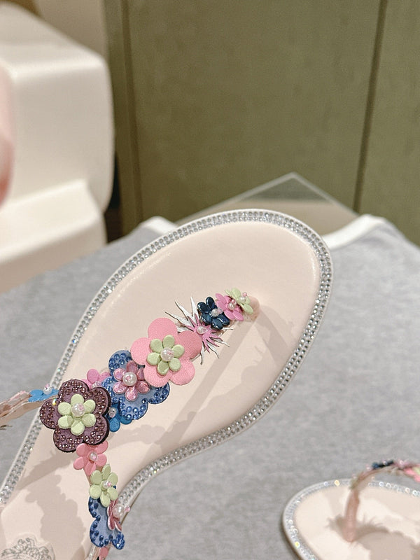 RC 25 Thong Multicolor Flower Flat Sole Light Pink Silk Rhinestones 268067