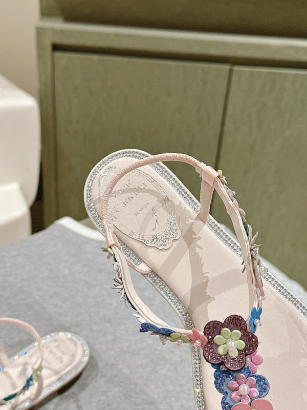 RC 25 Thong Multicolor Flower Flat Sole Light Pink Silk Rhinestones 268067