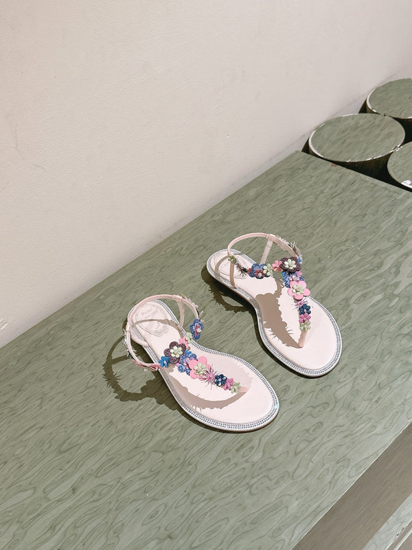 RC 25 Thong Multicolor Flower Flat Sole Light Pink Silk Rhinestones 268067