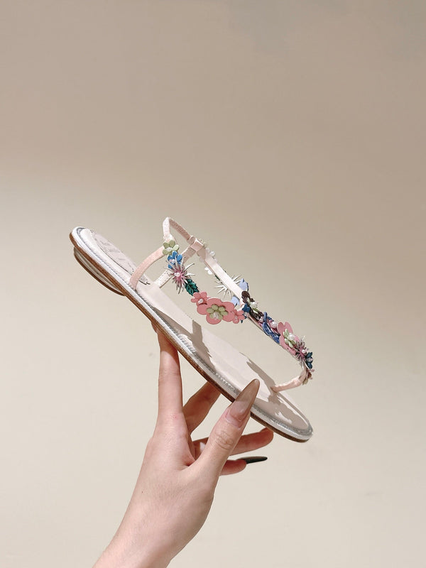 RC 25 Thong Multicolor Flower Flat Sole Light Pink Silk Rhinestones 268067
