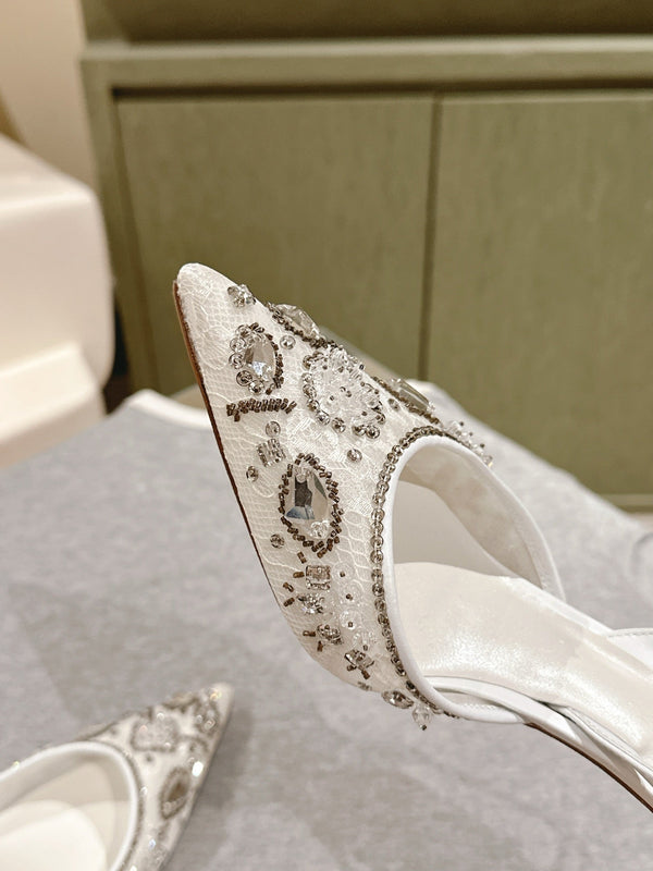 RC 25C Slingback Diamond High Heel 8cm White Silk Rhinestones 268078