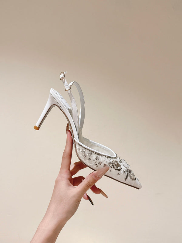 RC 25C Slingback Diamond High Heel 8cm White Silk Rhinestones 268078