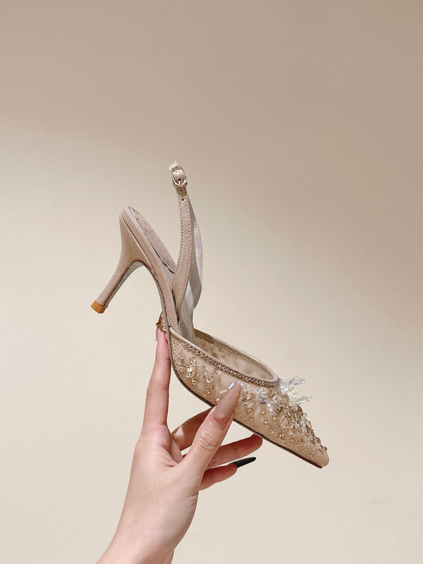 RC 25C Slingback Diamond High Heel 7.5cm Beige Silk Rhinestones 268079