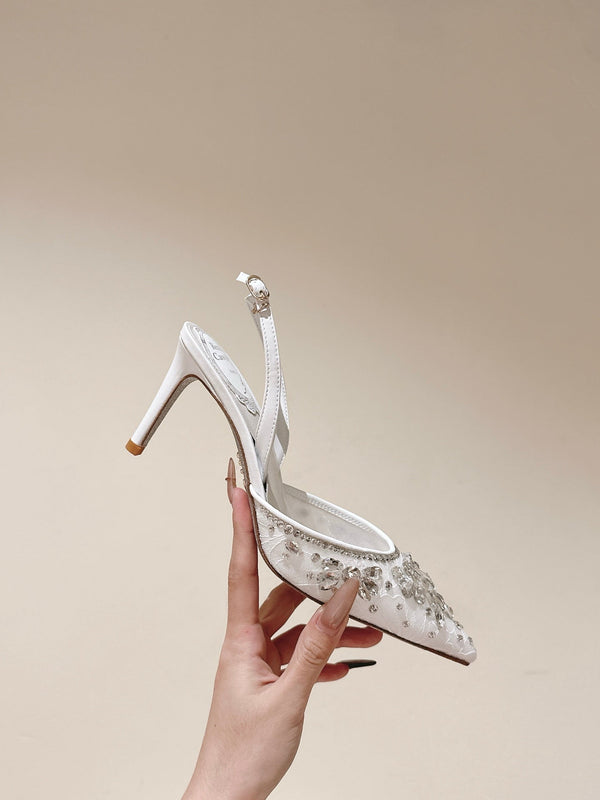 RC 25C Slingback Crystal High Heel 7.5cm White Silk Rhinestones 268080