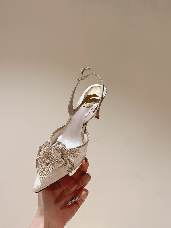 RC 25C Slingback Flower High Heel 7.5cm Beige Silk Rhinestones 268081