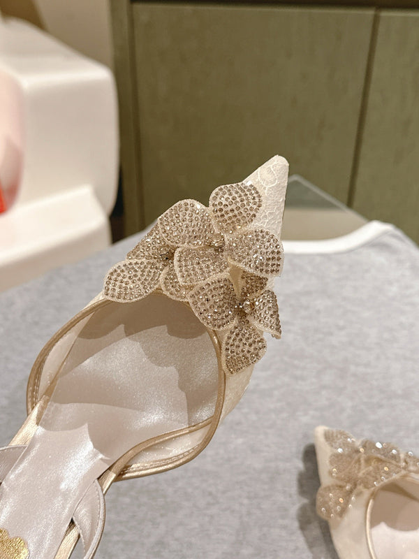 RC 25C Slingback Flower High Heel 7.5cm Beige Silk Rhinestones 268081