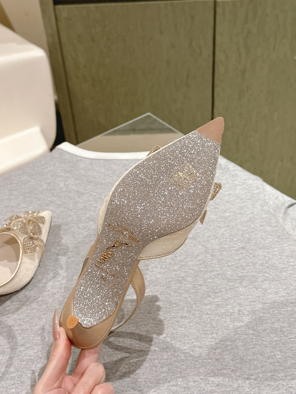 RC 25C Slingback Flower High Heel 7.5cm Beige Silk Rhinestones 268081