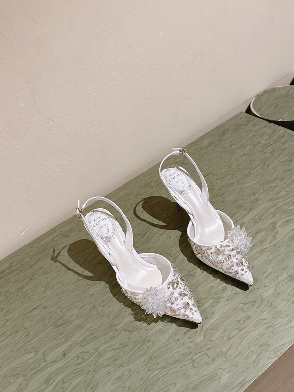 RC 25C Slingback Lace Mesh High Heel 7.5cm White Silk Rhinestones 268082