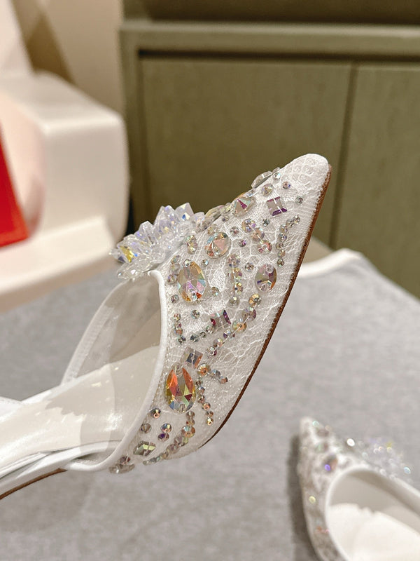 RC 25C Slingback Lace Mesh High Heel 7.5cm White Silk Rhinestones 268082