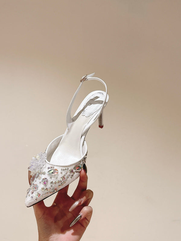 RC 25C Slingback Lace Mesh High Heel 7.5cm White Silk Rhinestones 268082