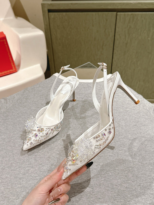 RC 25C Slingback Lace Mesh High Heel 7.5cm White Silk Rhinestones 268082